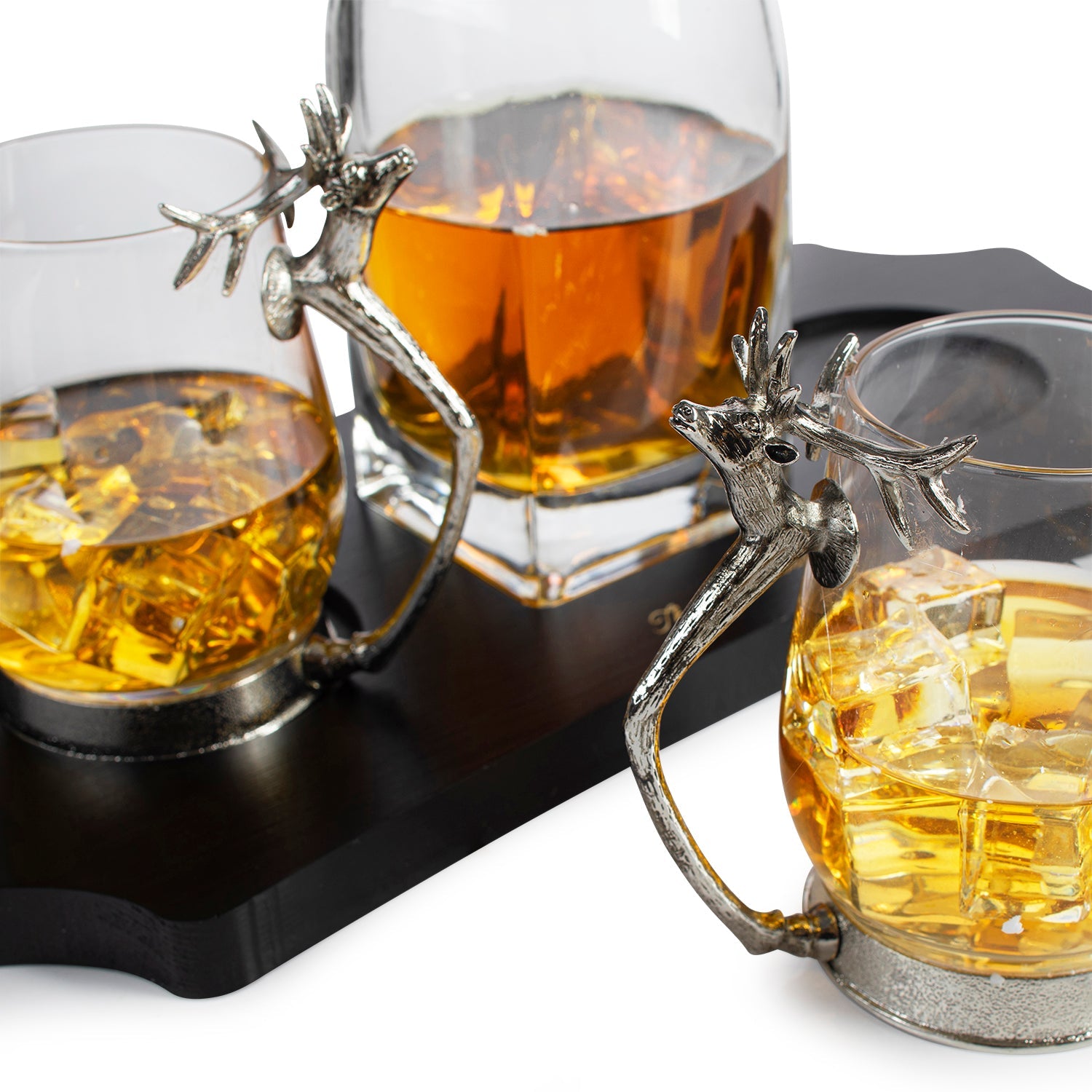 Stag Antler Decanter Set with 2 Stag Glasses - Antique Pewter Whiskey Decanter Set Elegant Liquor Decanter Gift Set for Bar by The Wine Savant - Luxury Decanter for Bourbon, Scotch, or Whiskey 750ml