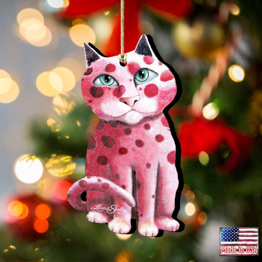 Cherries Jubilee Cat Wooden Ornaments by Laura Seeley - Pets Dog and Cats Decor - 8512065-LS