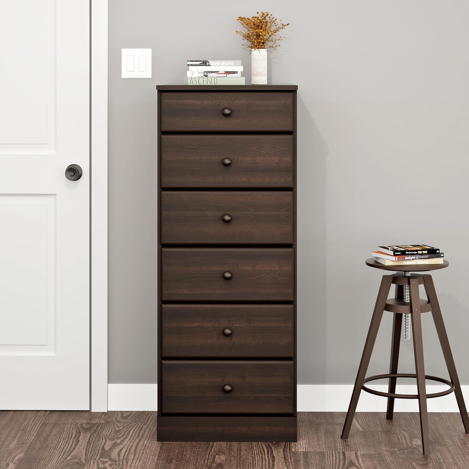 Astrid Tall Brown Dresser Six Drawer Chest For Bedroom