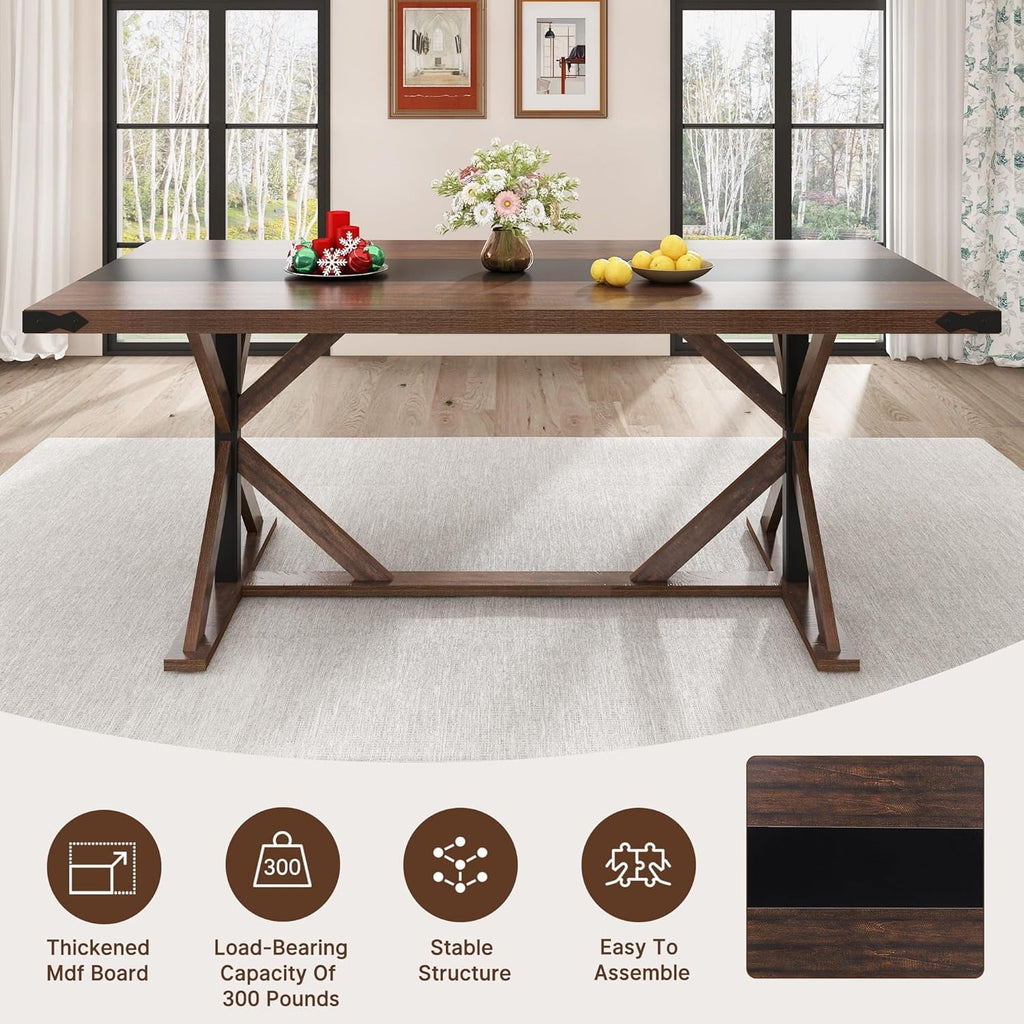 71 Inch Farmhouse Dining Table Waterproof Wood Grain Top