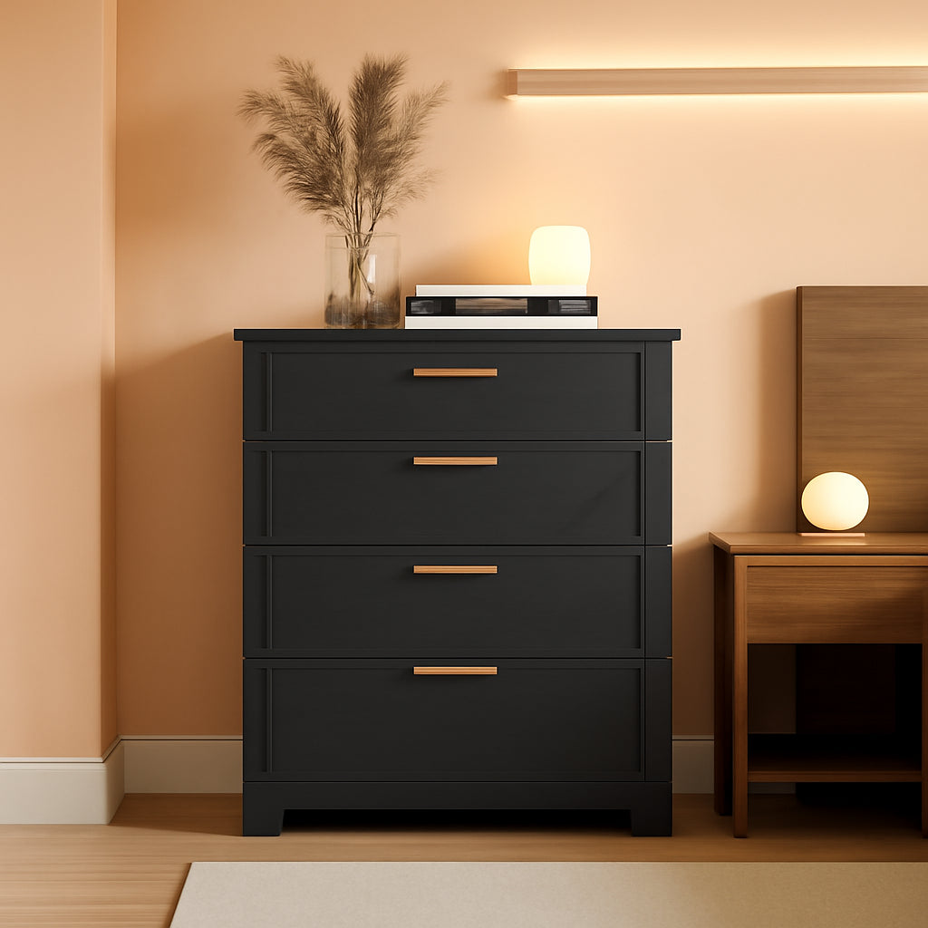Black Four Drawer Dresser With Rose Gold Handles Arched Base