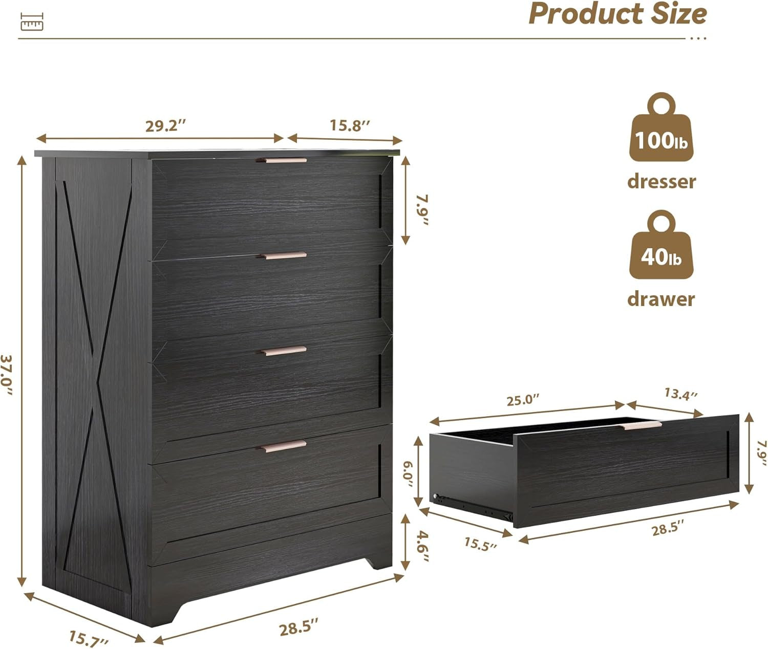 Black Four Drawer Dresser With Rose Gold Handles Arched Base