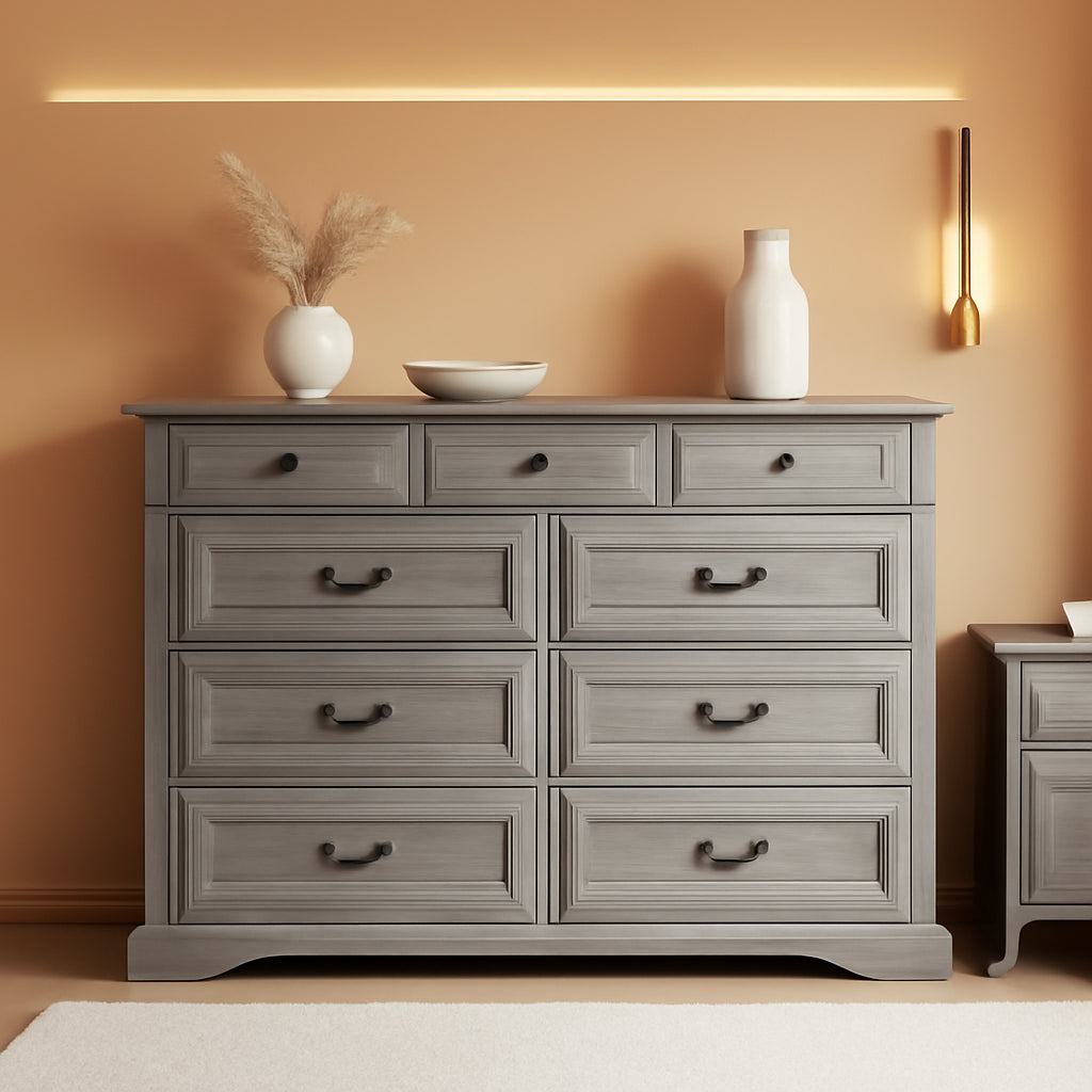 Grey 9-Drawer SolidWood Dresser For Bedroom Storage