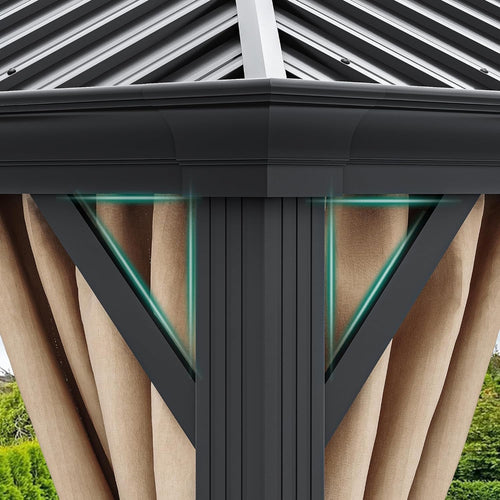 10x12 Ft Brown Steel Hardtop Gazebo With Netting And Curtains For Patio Garden Outdoor Living