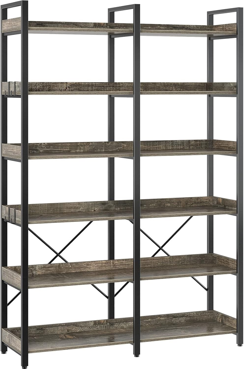 67 Inch Gray Industrial 6 Shelf Bookcase With Hooks