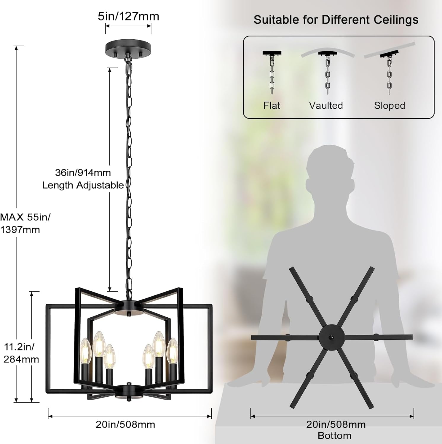 Black Geometric 6 Light Contemporary Ceiling Chandelier