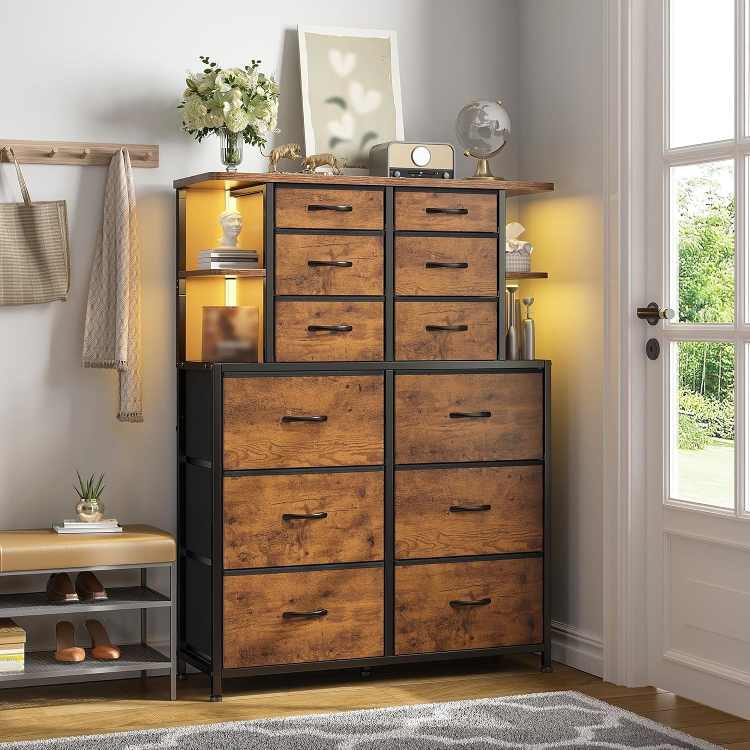 Bedroom Dresser With LED Lights 12 Drawers Rustic Brown