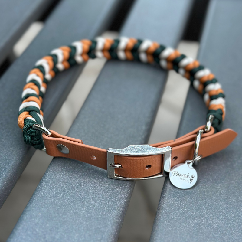 Coiled Charm Hand Braided Dog Collar in Hunter Green, Mustard, & Cream
