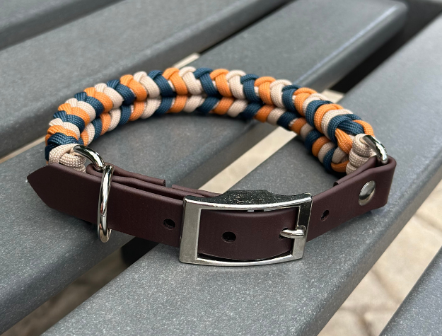 Coiled Charm Hand Braided Dog Collar in Mustard, Navy, & Light Tan