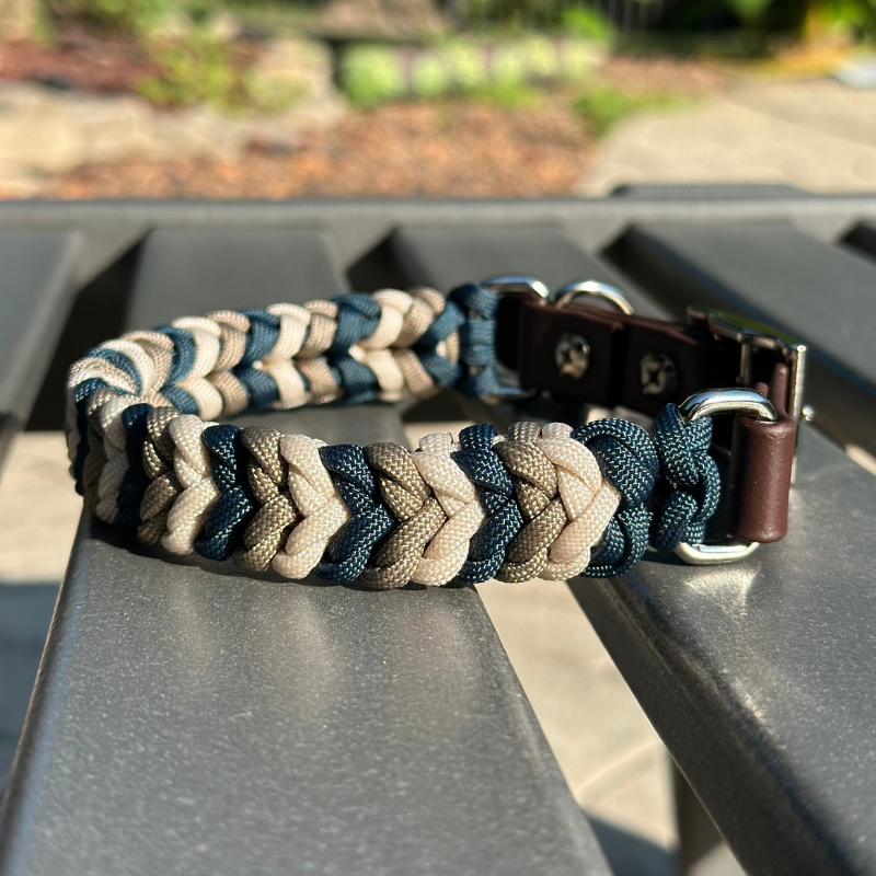 Coiled Charm Hand Braided Dog Collar in Navy, Tan, & Cream