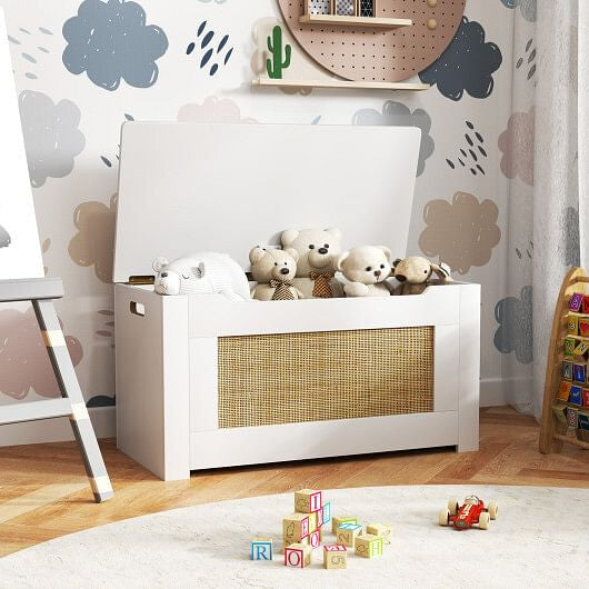 Kids Rattan Toy Storage Box with Flip Top Lid and Safety Hinge Handles-White-0