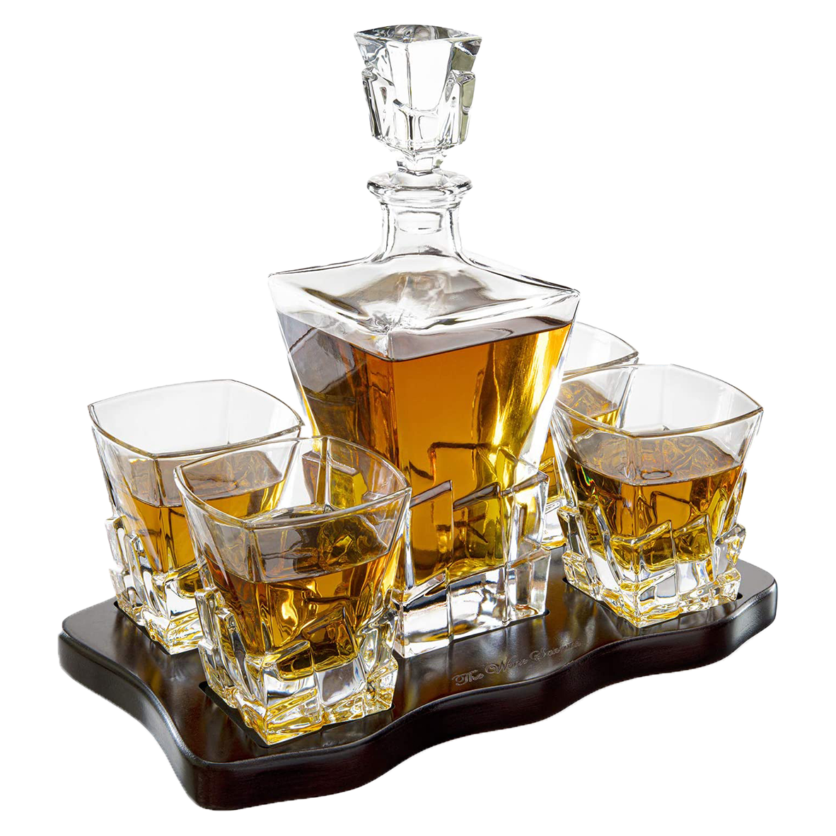 Crystal Wine and Whiskey Iceberg Mountain Glacier Decanter with 4 Glasses and Wood Tray - The Wine Savant