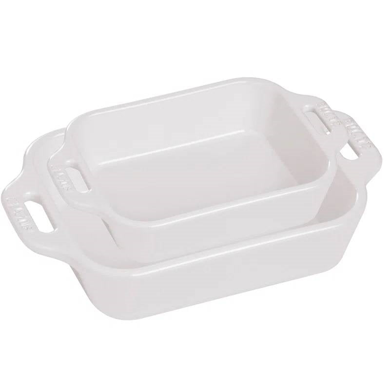 2 Piece Ceramic Stoneware Bakeware Casserole Dish Set in White-0