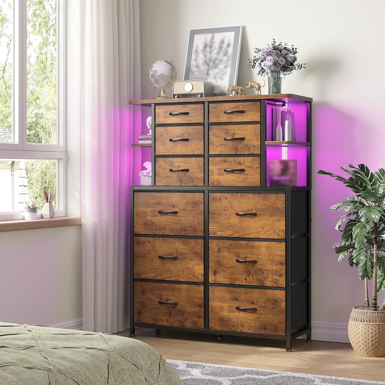 Bedroom Dresser With LED Lights 12 Drawers Rustic Brown