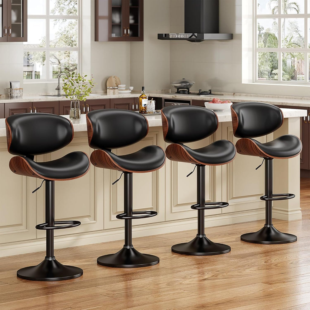 Adjustable Bentwood Bar Stools Set Of 2 PU Leather Upholstery