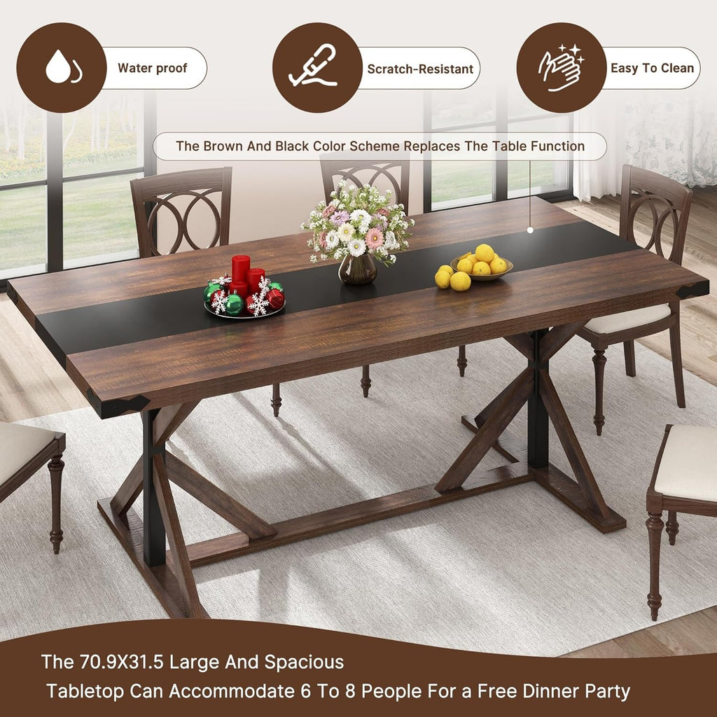 71 Inch Farmhouse Dining Table Waterproof Wood Grain Top