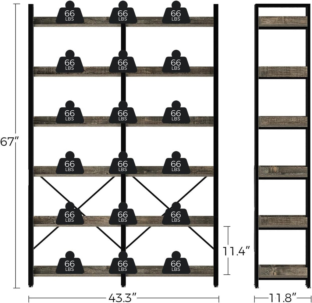 67 Inch Gray Industrial 6 Shelf Bookcase With Hooks