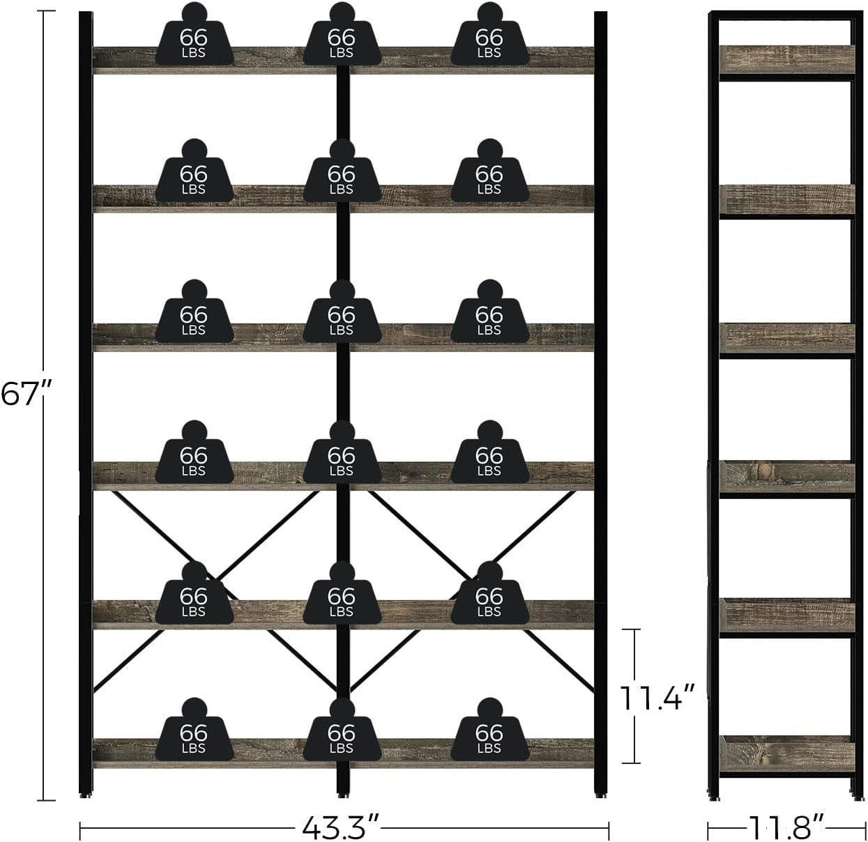67 Inch Gray Industrial 6 Shelf Bookcase With Hooks