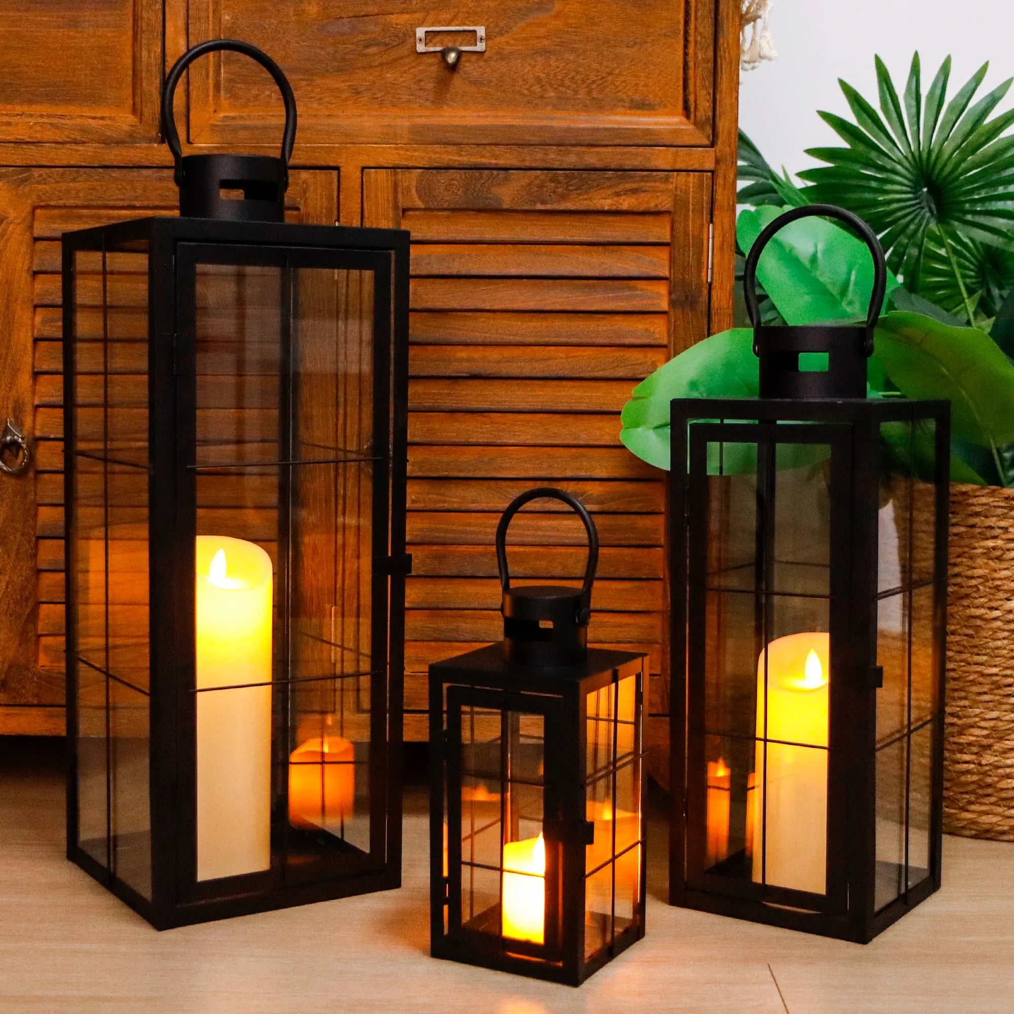 Set of 3 - Assorted Sizes (9/15.5/19.5 Inch) Tall Decorative Hanging Lanterns with Tempered Glass Panels
