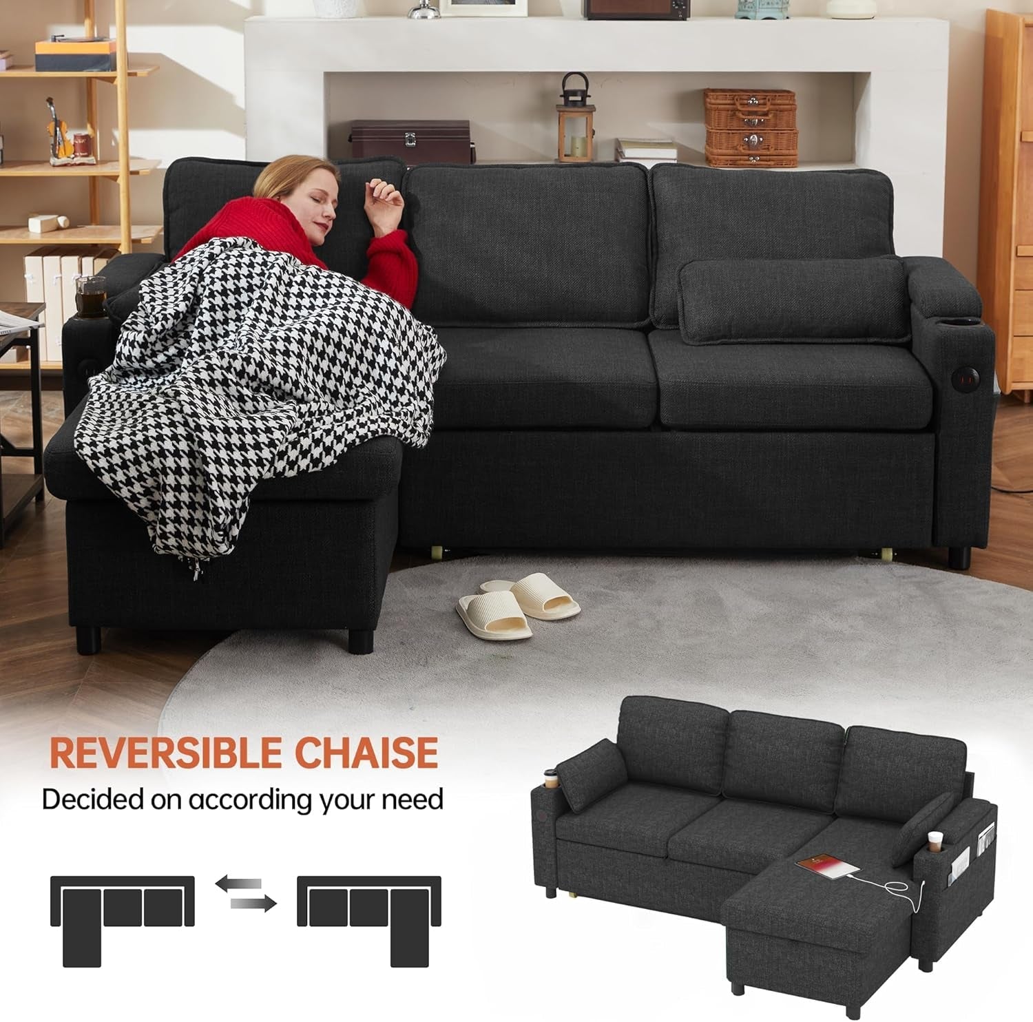 Convertible L-Shaped Sofa Bed with Storage and USB