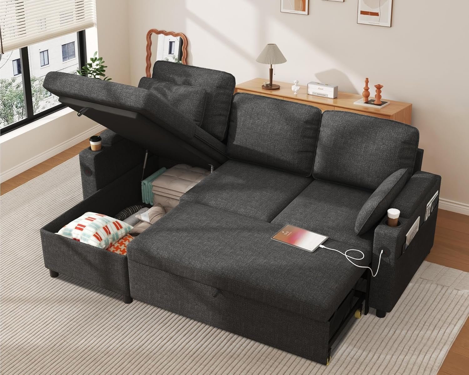 Convertible L-Shaped Sofa Bed with Storage and USB
