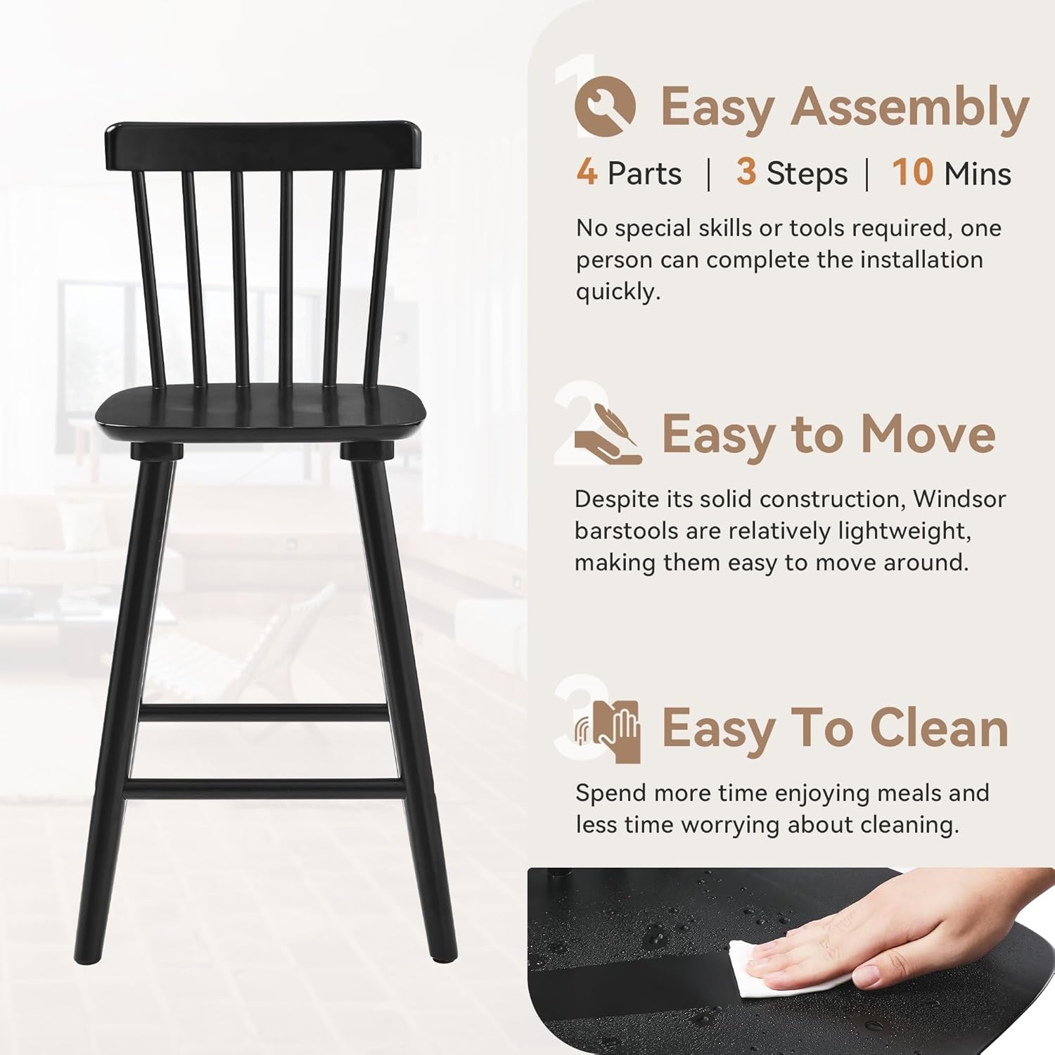 Classic Wooden Bar Stools Set of Four for Kitchen