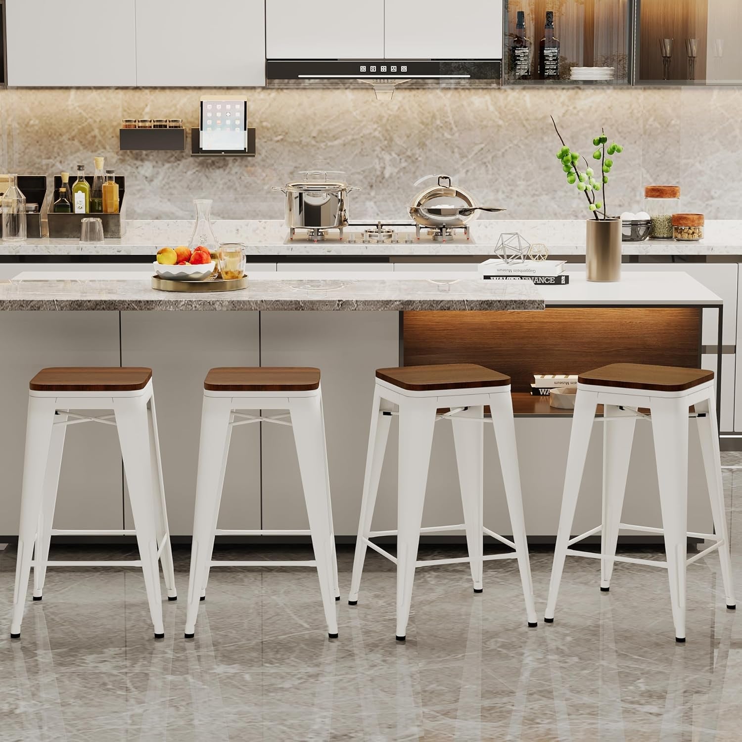 Metal Bar Stools Set of Four Backless Stackable Design